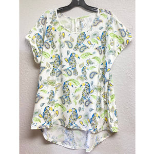 Tacera Pretty Short Sleeve Womens Blouse Parrots & Leaves Size XL